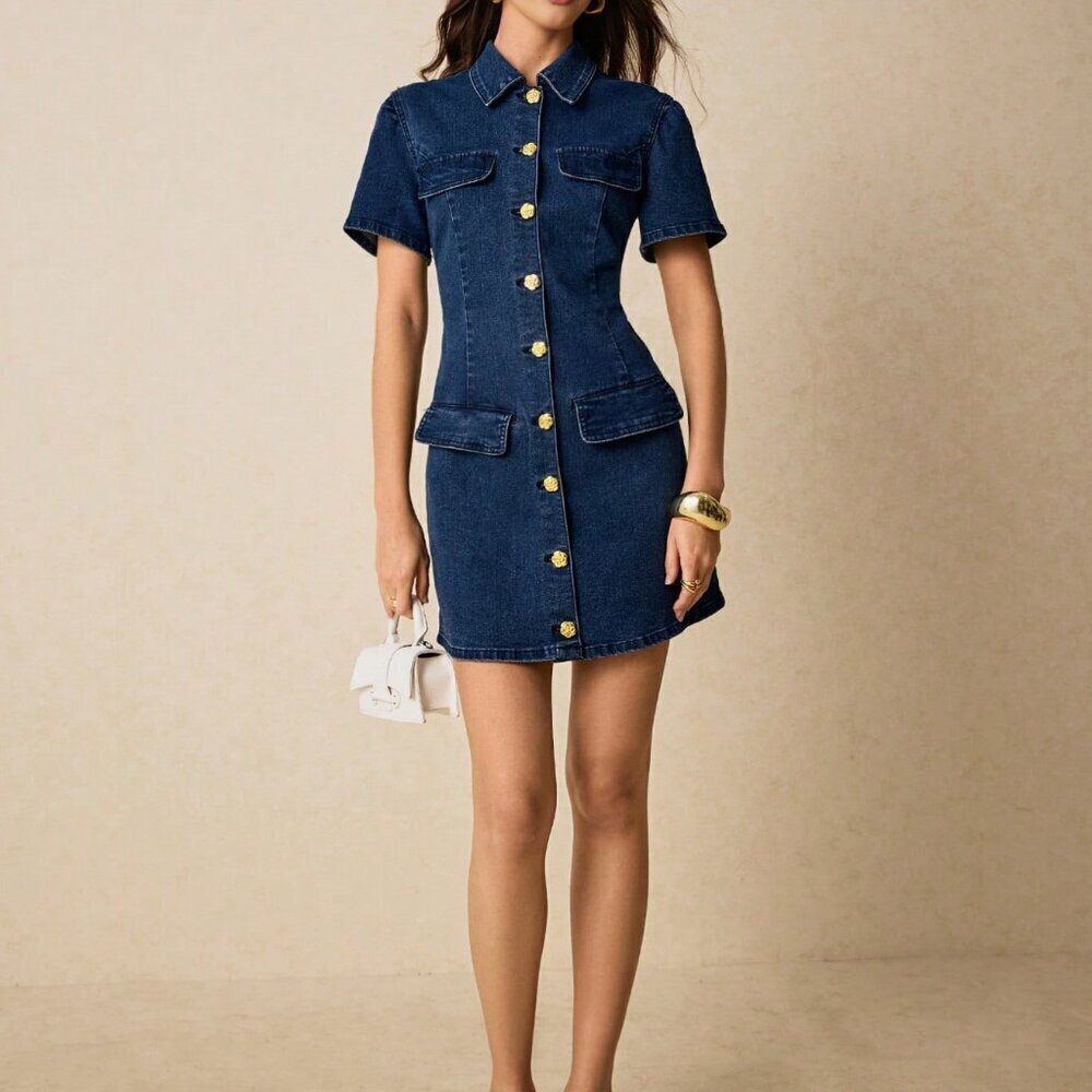 Dark Wash Casual Women's Denim Button-Up Mini Dress - Picture 4 of 7